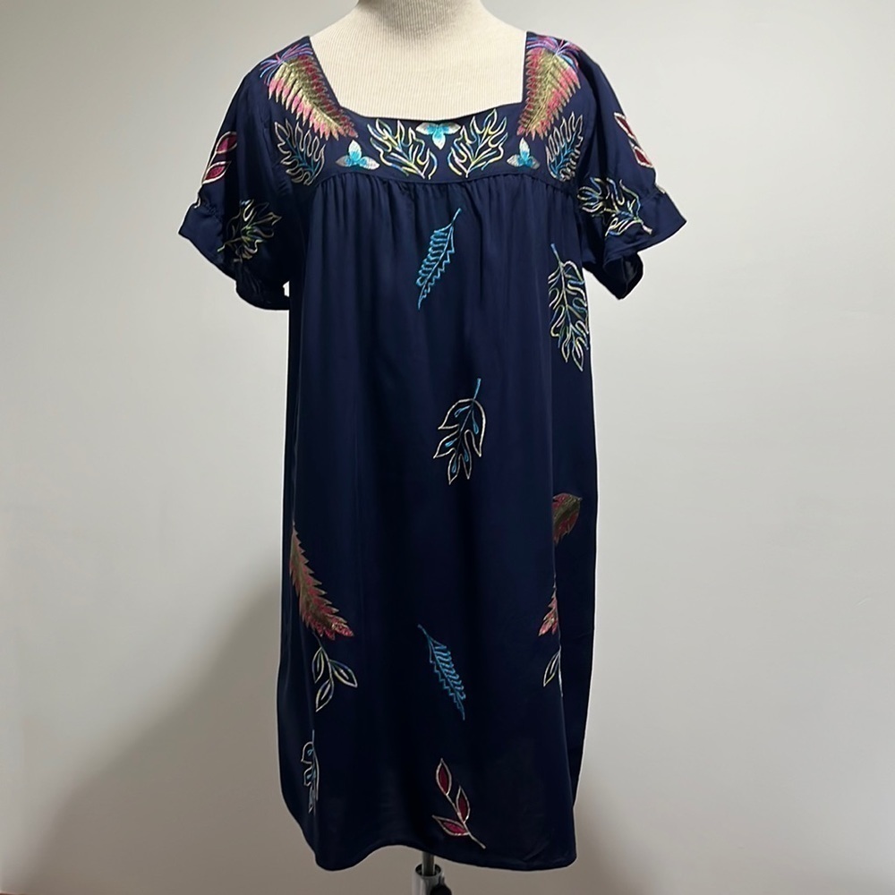 Sunny Oceans Navy Blue Square Neck Embroidered Dress or Swimsuit Cover Up Large